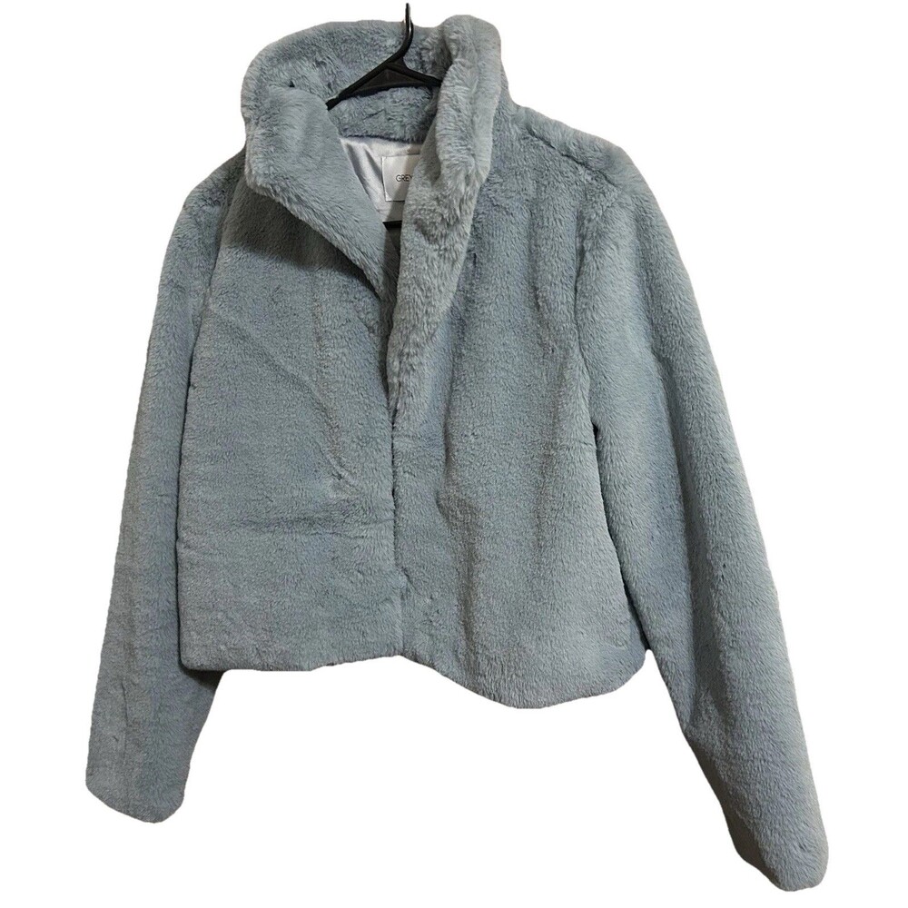 GREYLIN Euna Cropped Faux Fur Coat Jacket Slate Blue Small Plush Cozy Glam